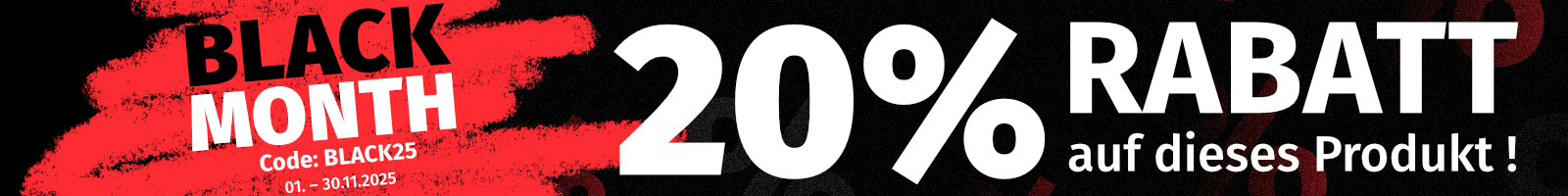 Rabattbanner für BlackWeek CyberWeek BlackFriday BlackMonth mit Rabattcode in Höhe von 20%