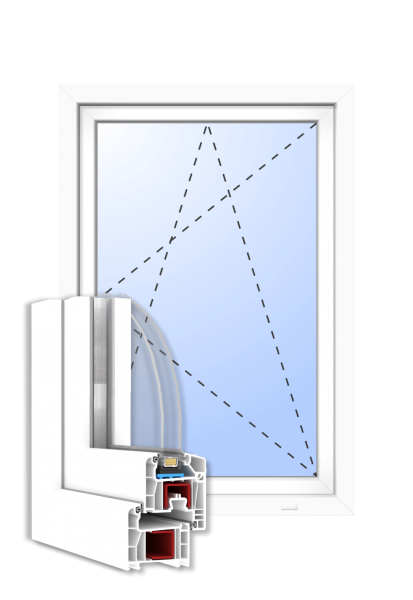 Profilquerschnitt 2-fach verglast mit Außenansicht in Weiß Kunststofffenster 71 mm innen öffnend DIN links