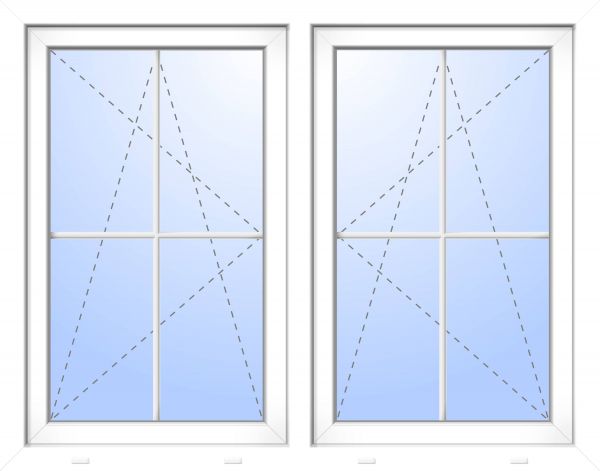 Kunststoff Fenster &quot;HENRY&quot; 74 mm 3-fach Verglasung symmetrisch Dreh-Kipp / Dreh-Kipp fester Pfosten 2-flügelig 4 Sprossenfelder